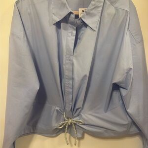 Express Sky Blue Button-Down Shirt with Waist Tie